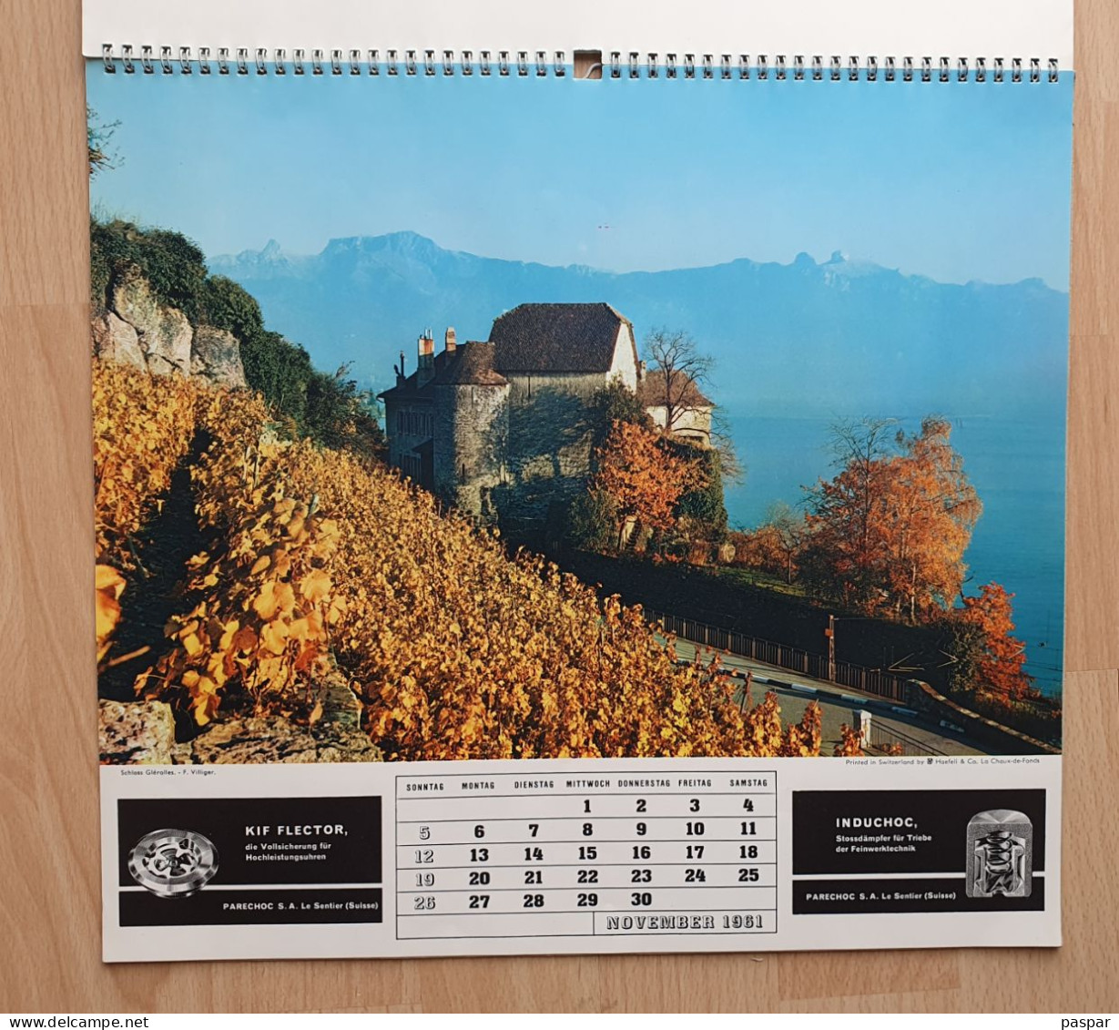 Grand calendrier 1961 - publicité Parechoc le Sentier, Alpa, Bolex, Thorens, Induchoc, Kif Flector - Vues de Suisse