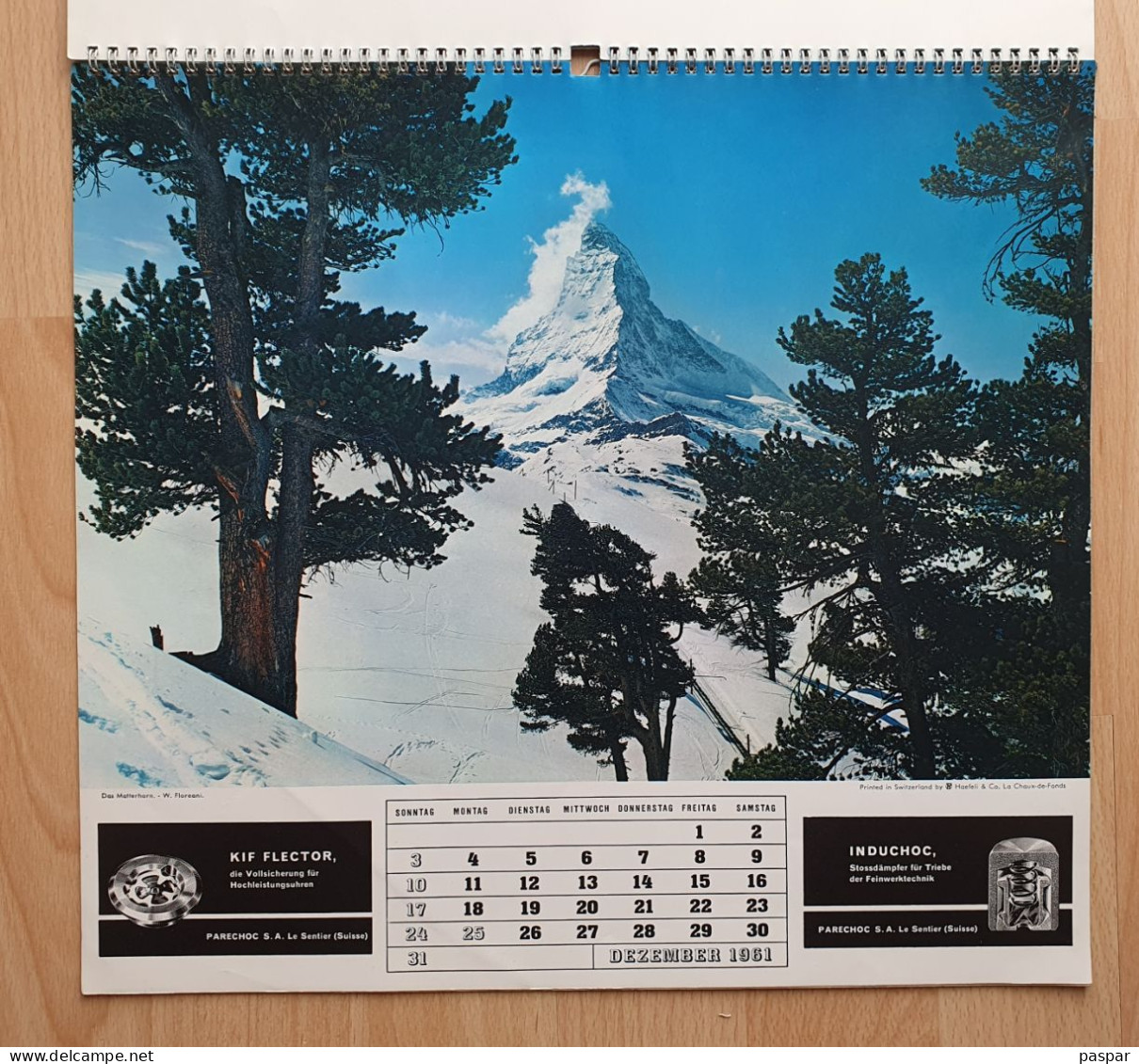 Grand calendrier 1961 - publicité Parechoc le Sentier, Alpa, Bolex, Thorens, Induchoc, Kif Flector - Vues de Suisse