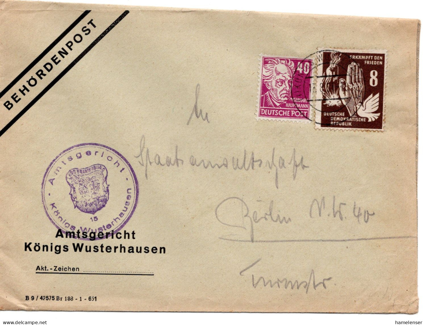 63027 - DDR - 1951 - 40Pfg Hauptmann MiF A Bf KOENIGS-WUSTERHAUSEN -> Berlin - Cartas & Documentos