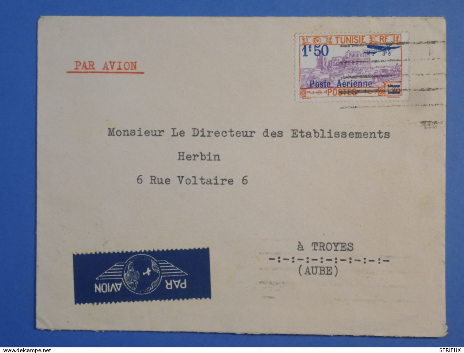 DK 12 TUNISIE  BELLE   LETTRE . 1935  TUNIS  A  TROYES  FRANCE+P.AERIEN  +AFF. INTERESSANT++++ + - Briefe U. Dokumente