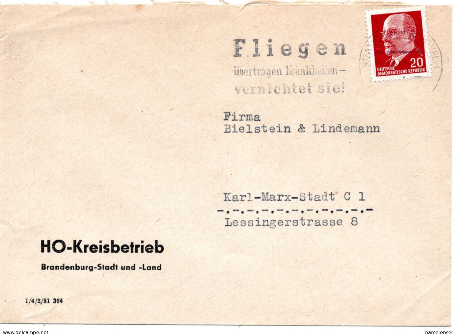 63038 - DDR - 1962 - 20Pfg Ulbricht EF A Bf BRANDENBURG - FLIEGEN ... KRANKHEITEN ... -> Karl-Murx-Stadt - Disease