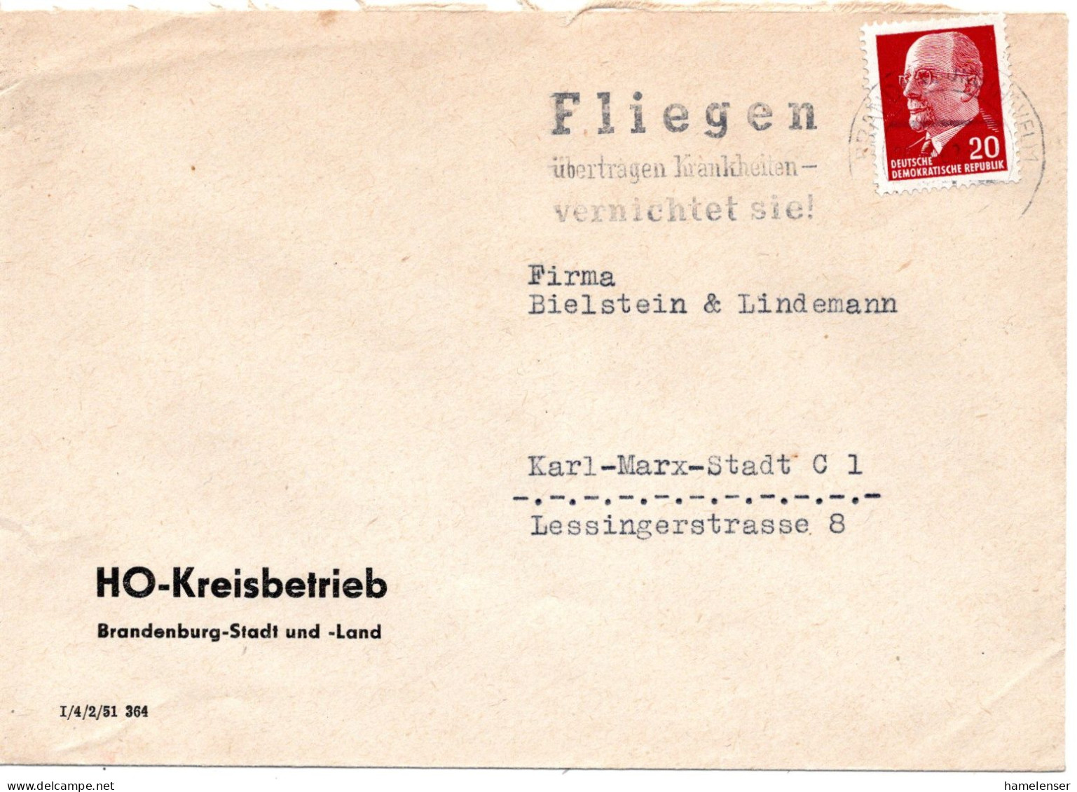 63038 - DDR - 1962 - 20Pfg Ulbricht EF A Bf BRANDENBURG - FLIEGEN ... KRANKHEITEN ... -> Karl-Murx-Stadt - Enfermedades