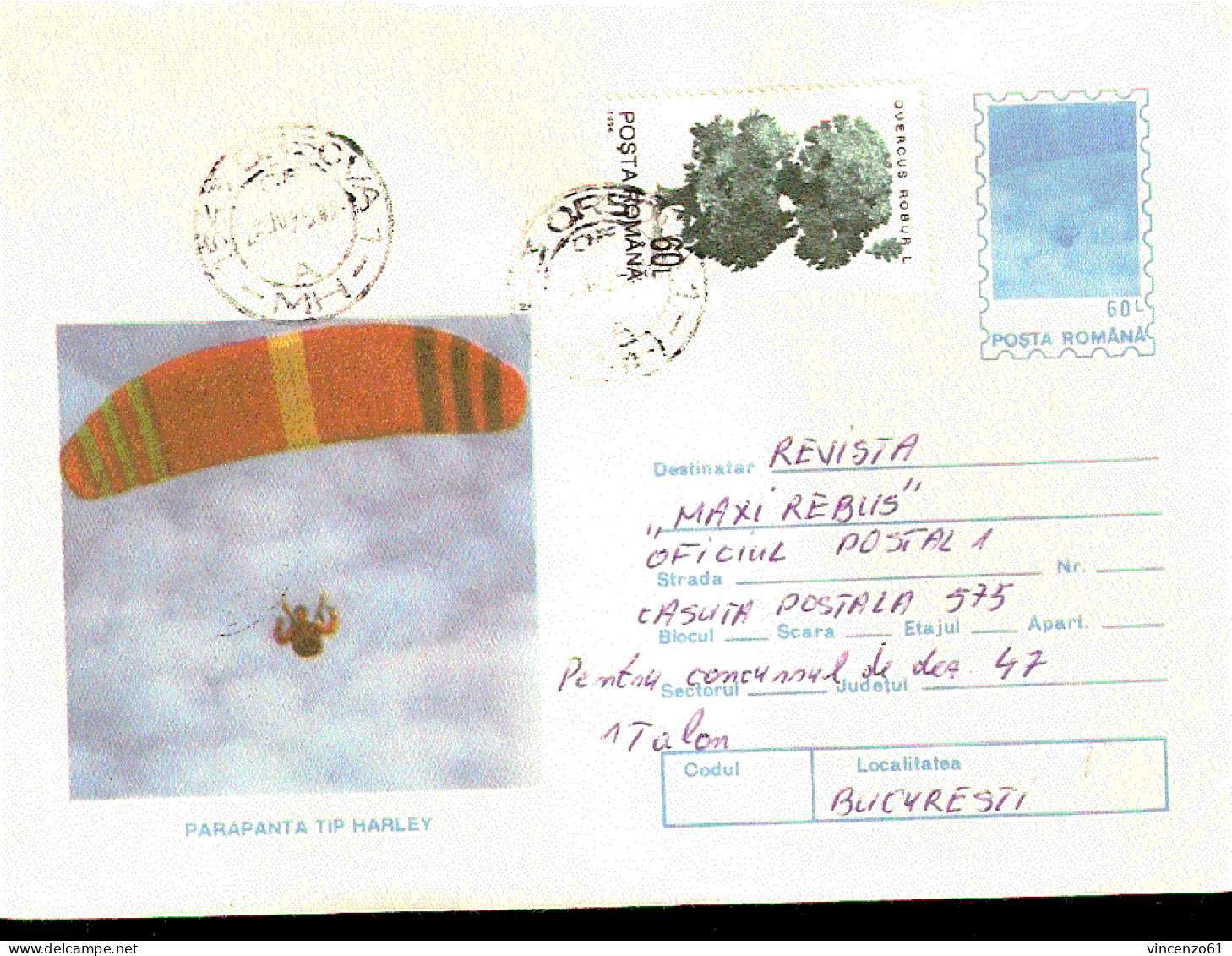 INTERO POSTALE VIAGGIATO - POSTA ROMANA  1996 Parachuting Paracadute - Paracaidismo