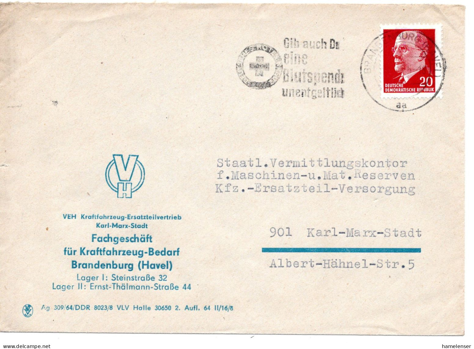 63042 - DDR - 1965 - 20Pfg Ulbricht EF A Bf BRANDENBURG - ... BLUTSPENDE ... -> Karl-Murx-Stadt - Red Cross