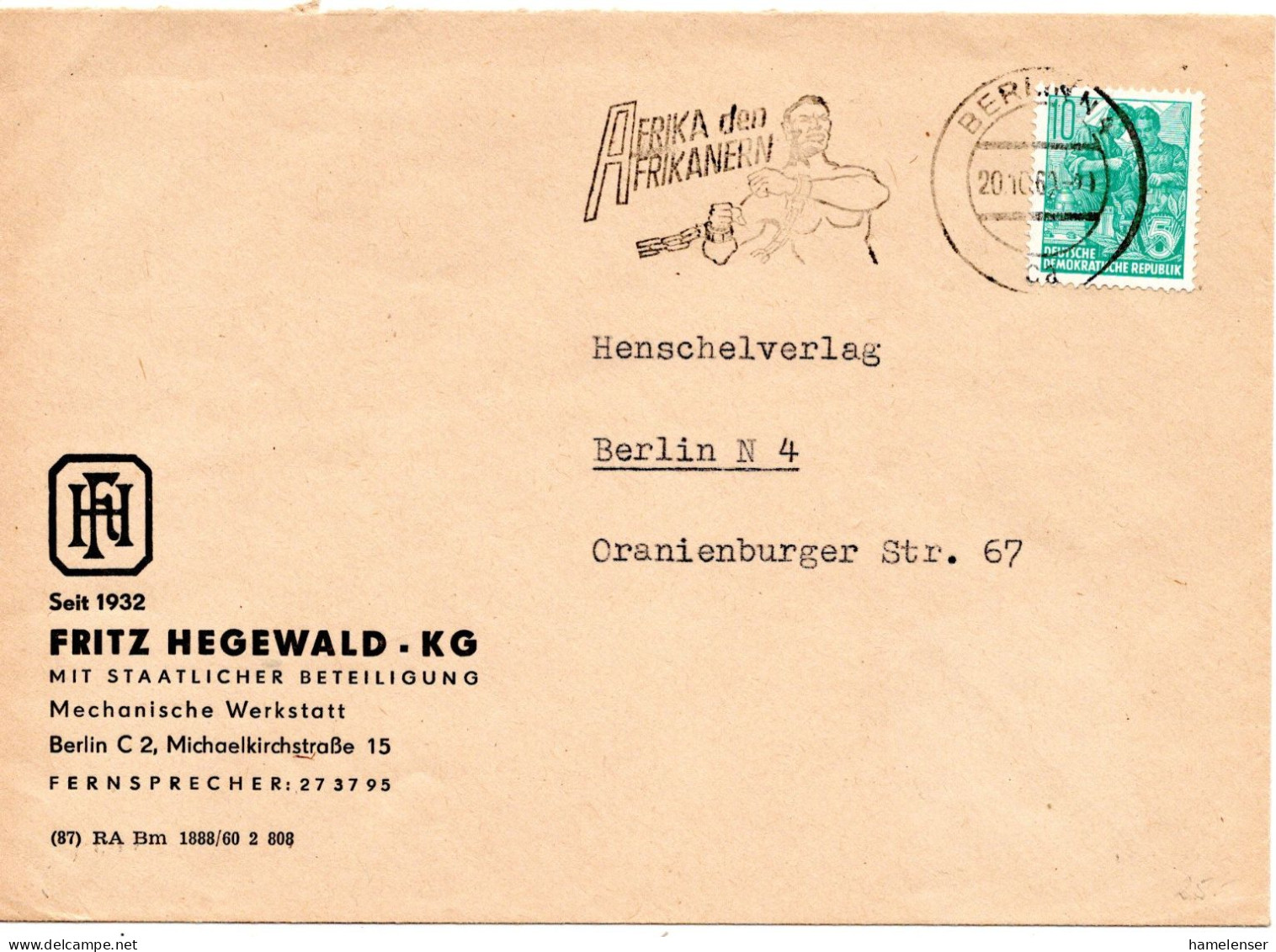 63044 - DDR - 1960 - 10Pfg Fuenfjahrplan EF A OrtsBf BERLIN - AFRIKA DEN AFRIKANERN - Lettres & Documents