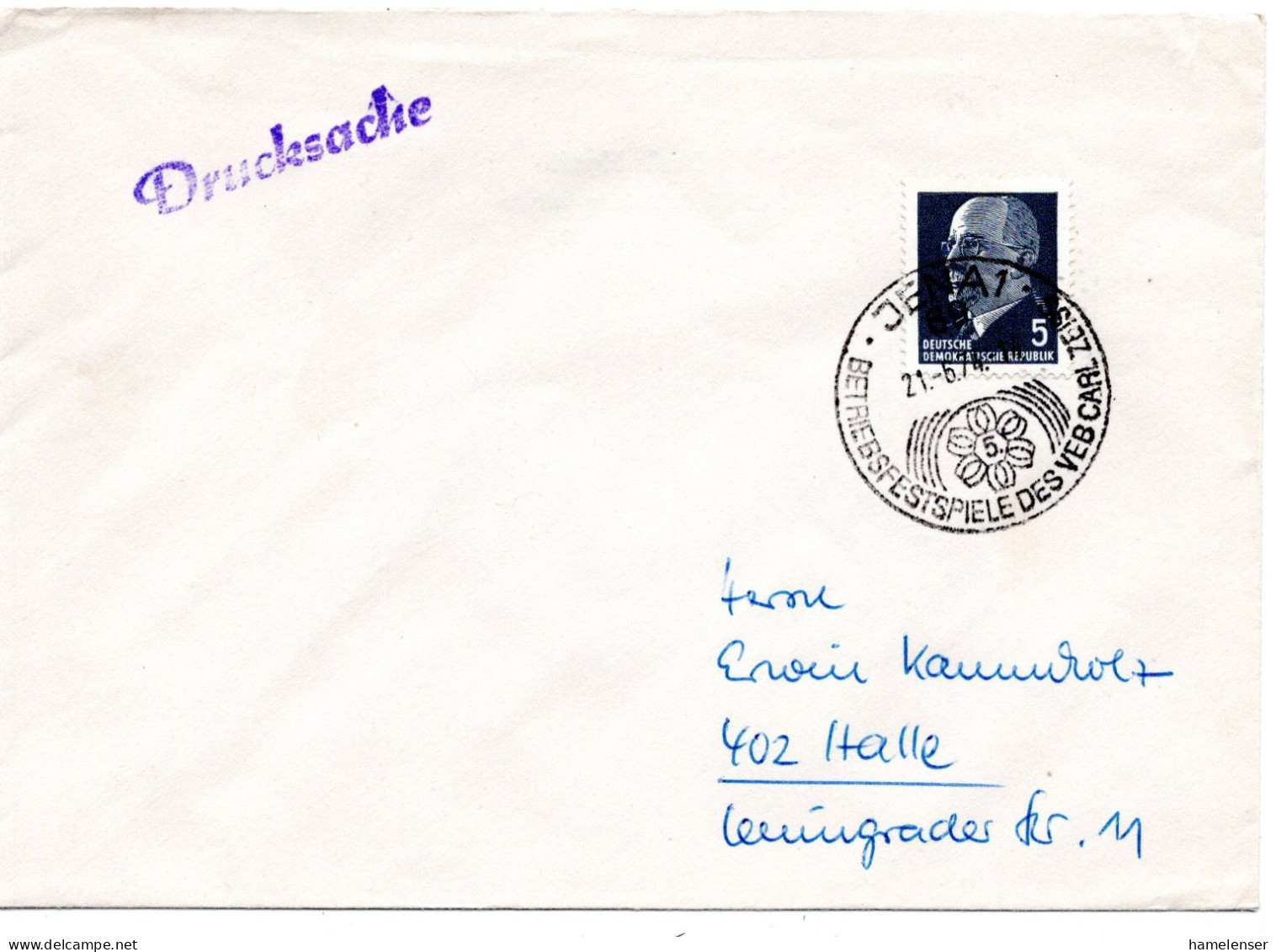 63045 - DDR - 1974 - 5Pfg Ulbricht EF A DrucksBf JENA - BETRIEBSFESTSPIELE DES VEB CARL ZEISS -> Halle - Storia Postale