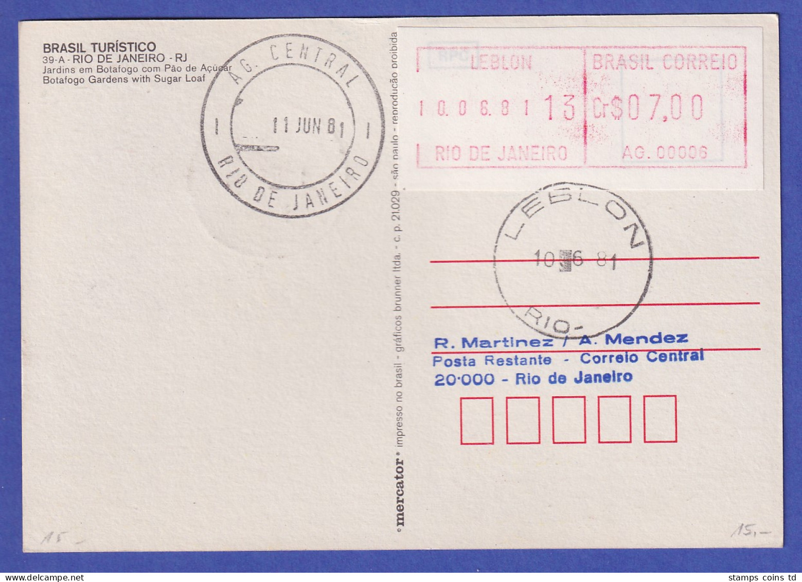 Brasilien Frama-ATM AG.00006 Und VA.00005 LEBLON Auf Ansichtskarte, O 10.06.81 - Franking Labels