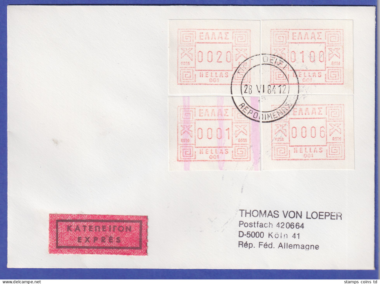 Griechenland Frama-ATM Mit ENDSTREIFEN, Aut.-Nr. 001 Wert 0001 Auf Expr.-Brief - Viñetas De Franqueo [ATM]