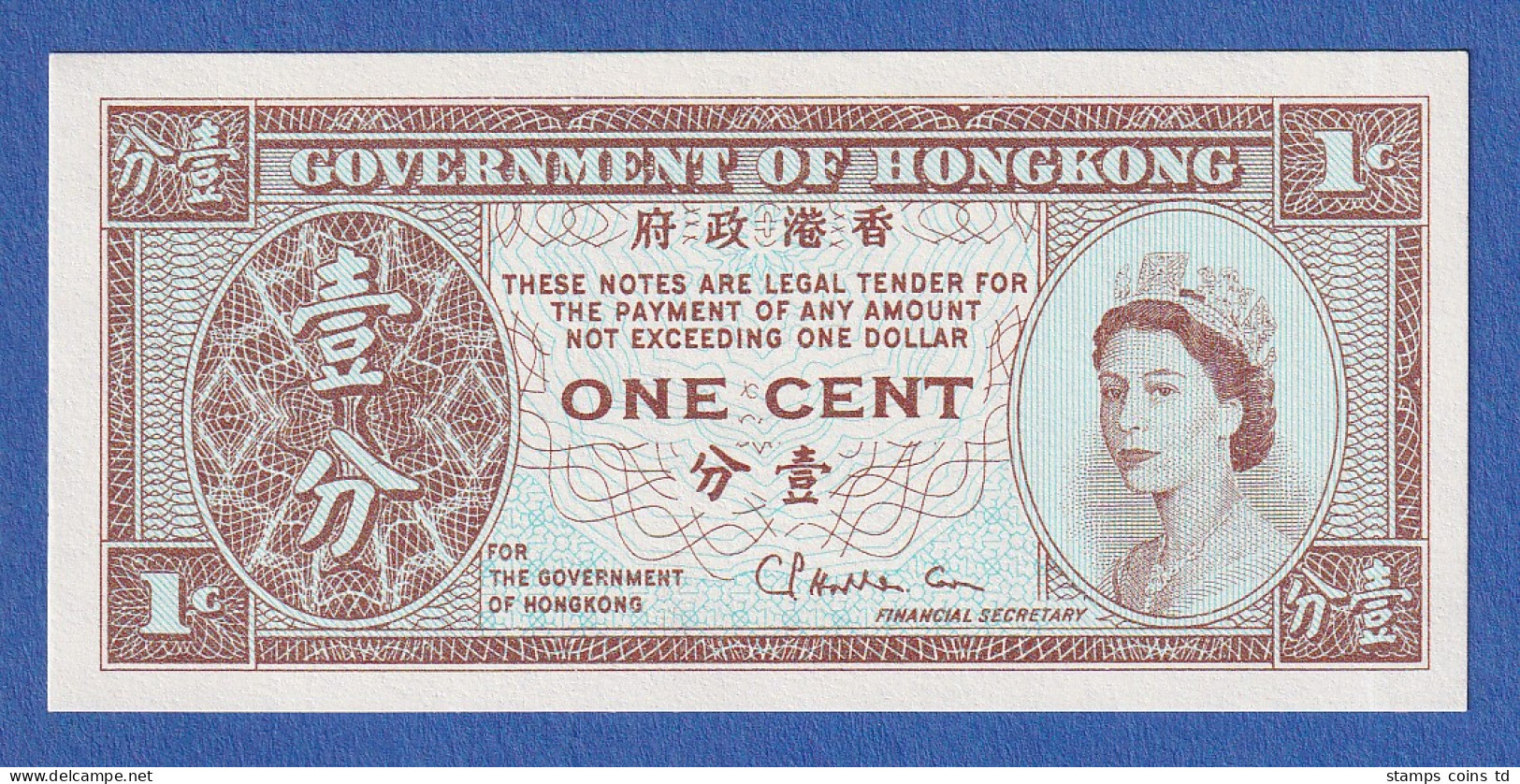 Hongkong 1961-1995 Banknote 1 Cent Bankfrisch, Unzirkuliert. - China