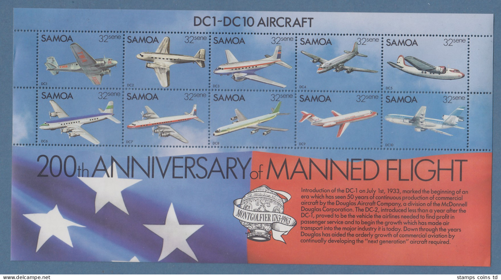 Samoa 1983 200 Jahre Luftfahrt. Passagier-Flugzeuge, Mi.-Nr. Block 30 ** - Samoa