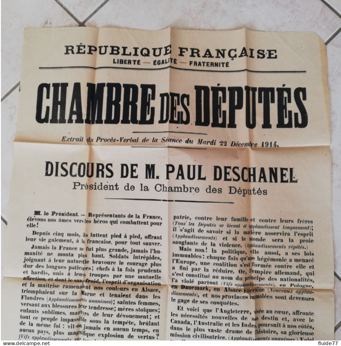 @ Ancienne Affiche WW1, Chambre Des Députés Du 22 Décembre 1914 M.Paul DESCHANEL @ - Affiches