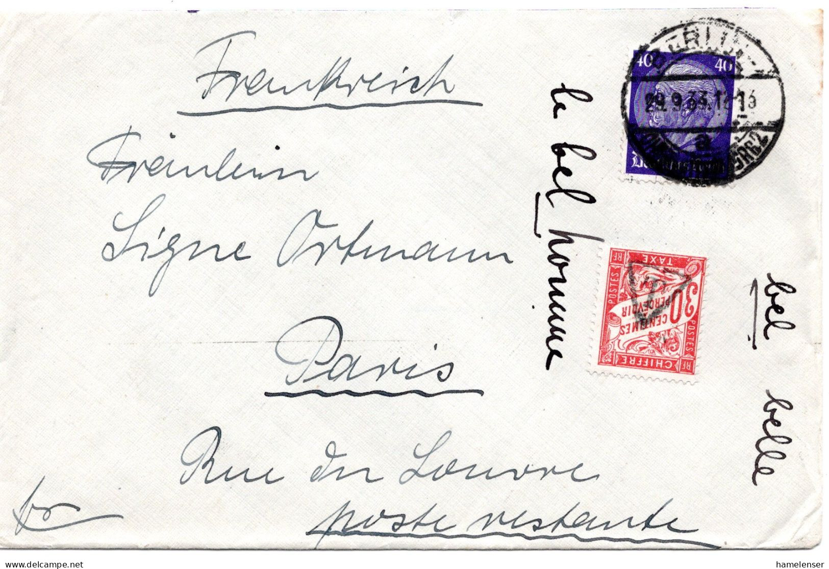 63052 - Deutsches Reich - 1933 - 40Pfg Hindenburg Violett EF A Bf BERLIN -> Frankreich, M 30c Postlagergebuehr - 1859-1959 Lettres & Documents