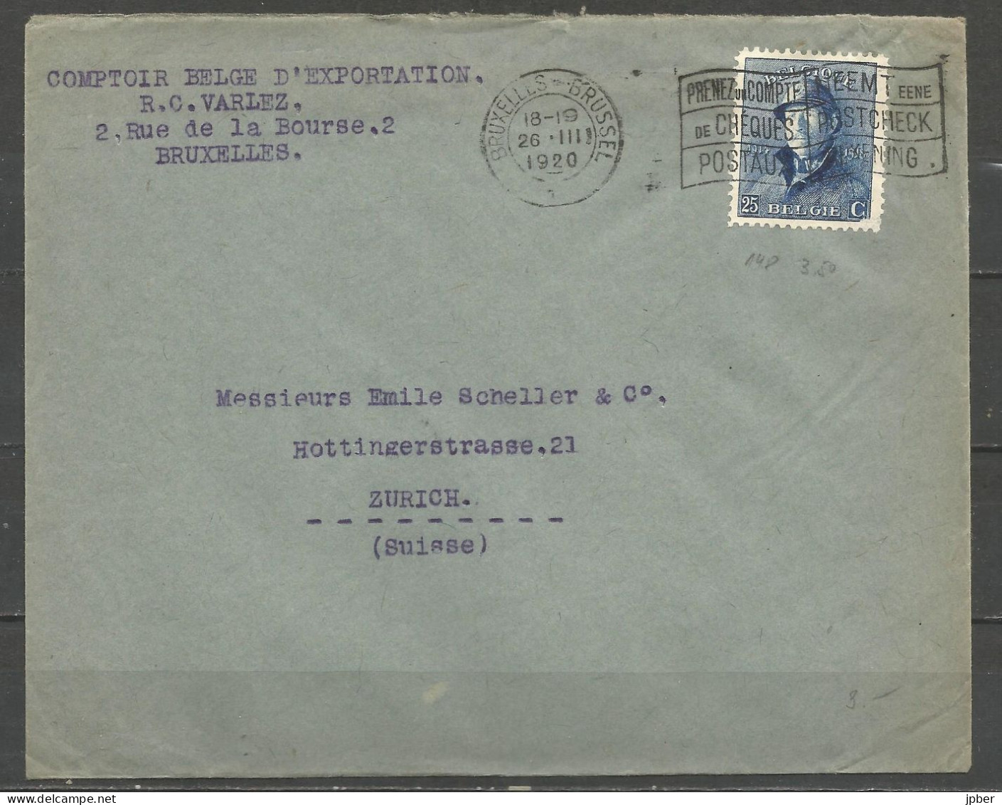 Belgique - Albert Ier Casqué - N°171 25c.bleu Sur Lettre De Bruxelles à Zürich (Suisse) - 1919-1920 Behelmter König