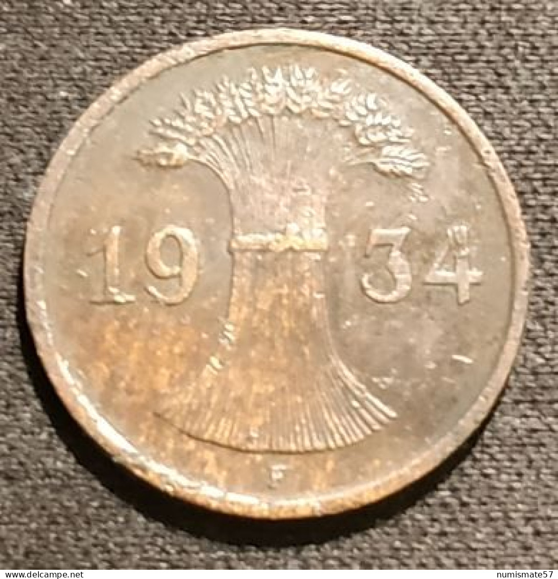 Pas Courant - ALLEMAGNE - GERMANY - 1 REICHSPFENNIG 1934 F - KM 37 - 1 Reichspfennig