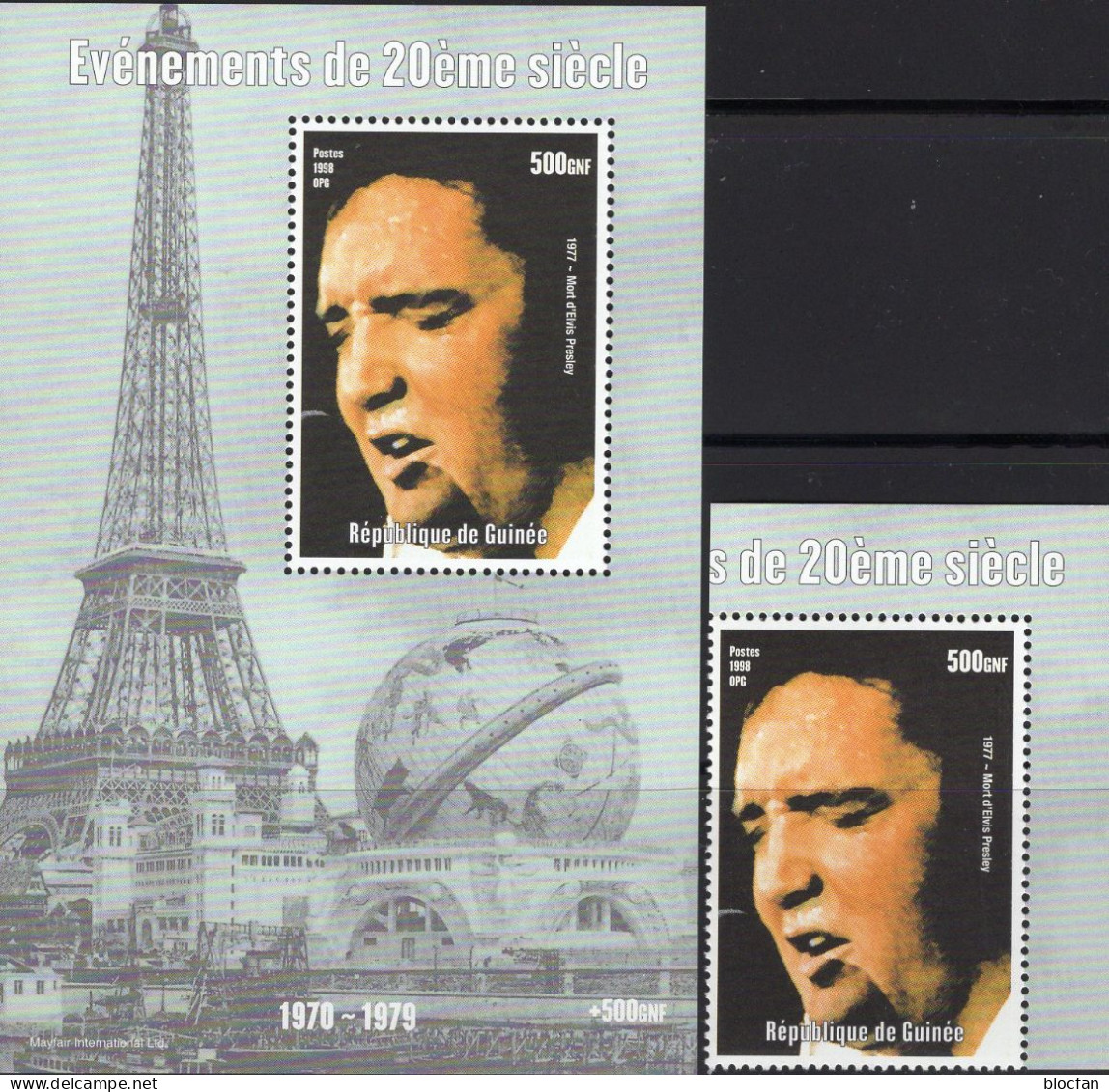 Millenium Paris Guinea Marke+Block 1998 ** 13€ Musik King Rock`n Roll Presley 1970 Bloque Hoja  Bloc Actor Sheet S/s Art - Cantanti