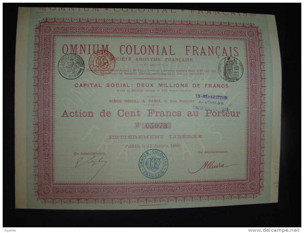 Action " Omnium Colonial Français " Paris 1900 Excellent état,reste Tous Les Coupons - Africa