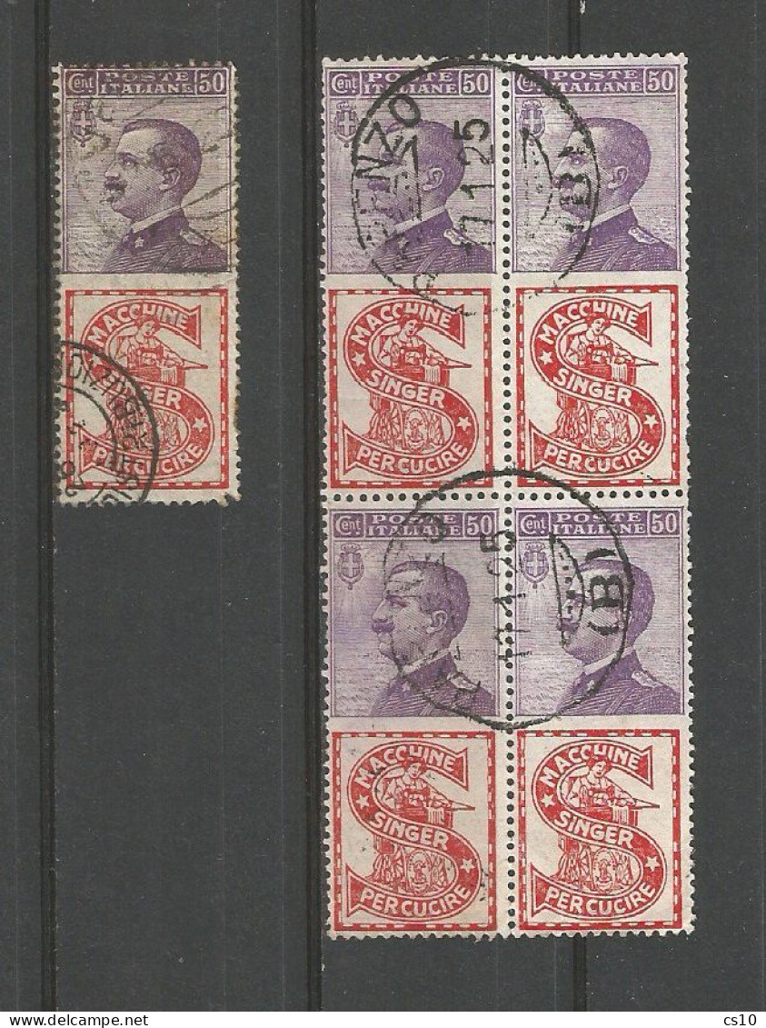 Italia Regno Kingdom Pubblicitari C.50 SINGER - Quartina Block4 Usata VFU - Ottima Centratura - Parenzo 17gen1925 + 1v - Pubblicitari