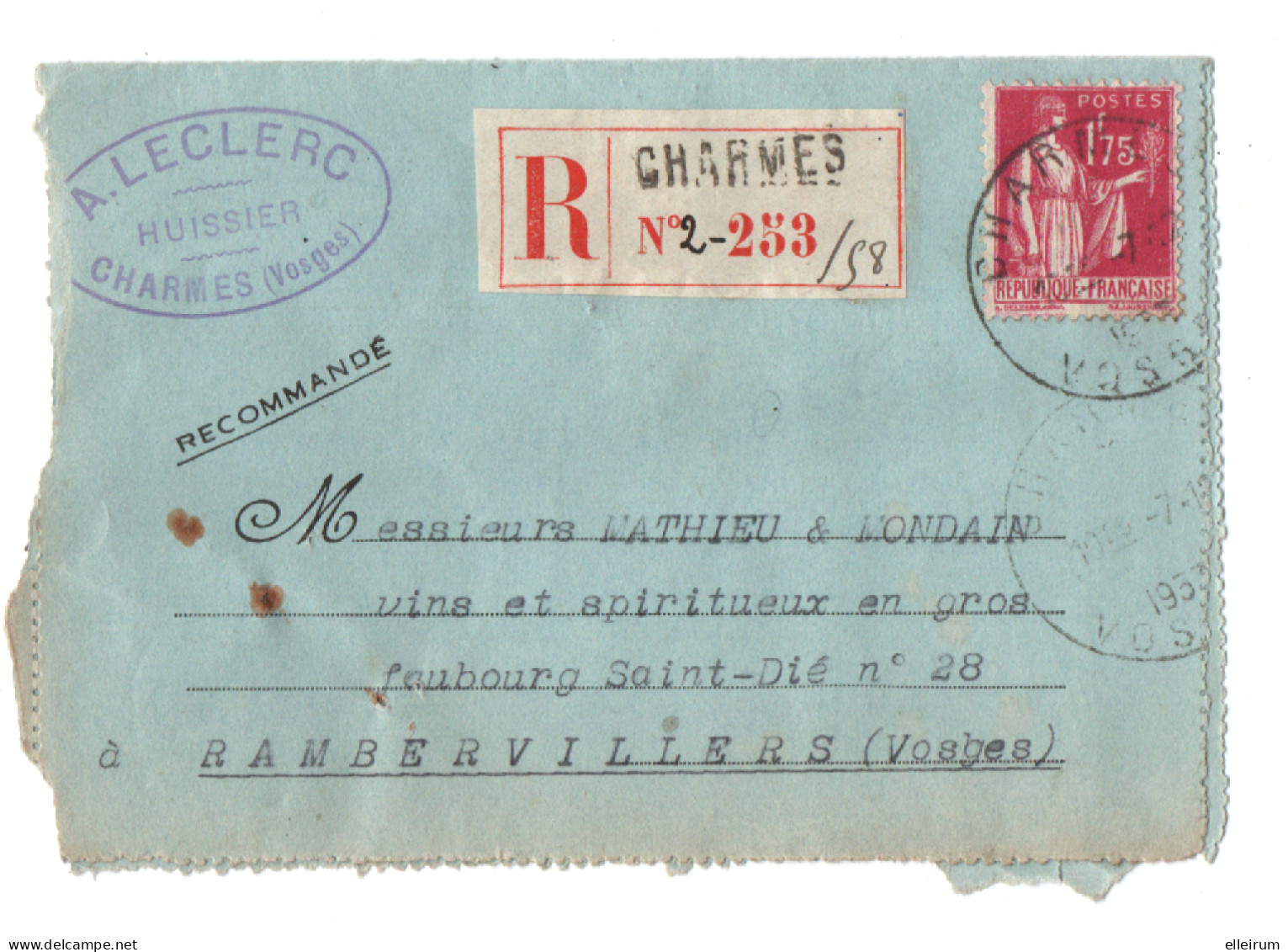 CHARMES (88) RECOMMANDE Sur PAIX 1f 80 ROUGE. A. LECLERC, HUISSIER. 1933 - 1932-39 Vrede