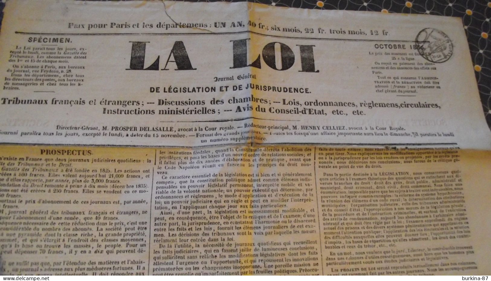 LA LOI, Journal Général De Législation, Et Jurisprudence, 1836, Spécimen - 1800 - 1849