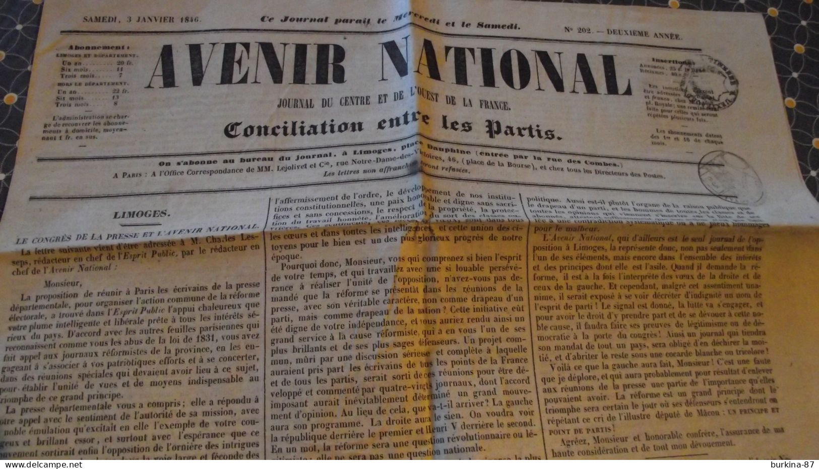 AVENIR NATIONAL Journal Du Centre Et De L'ouest De La France , 1846 N° 202, Limoges - 1800 - 1849