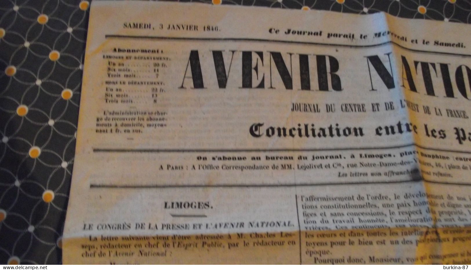 AVENIR NATIONAL Journal Du Centre Et De L'ouest De La France , 1846 N° 202, Limoges - 1800 - 1849