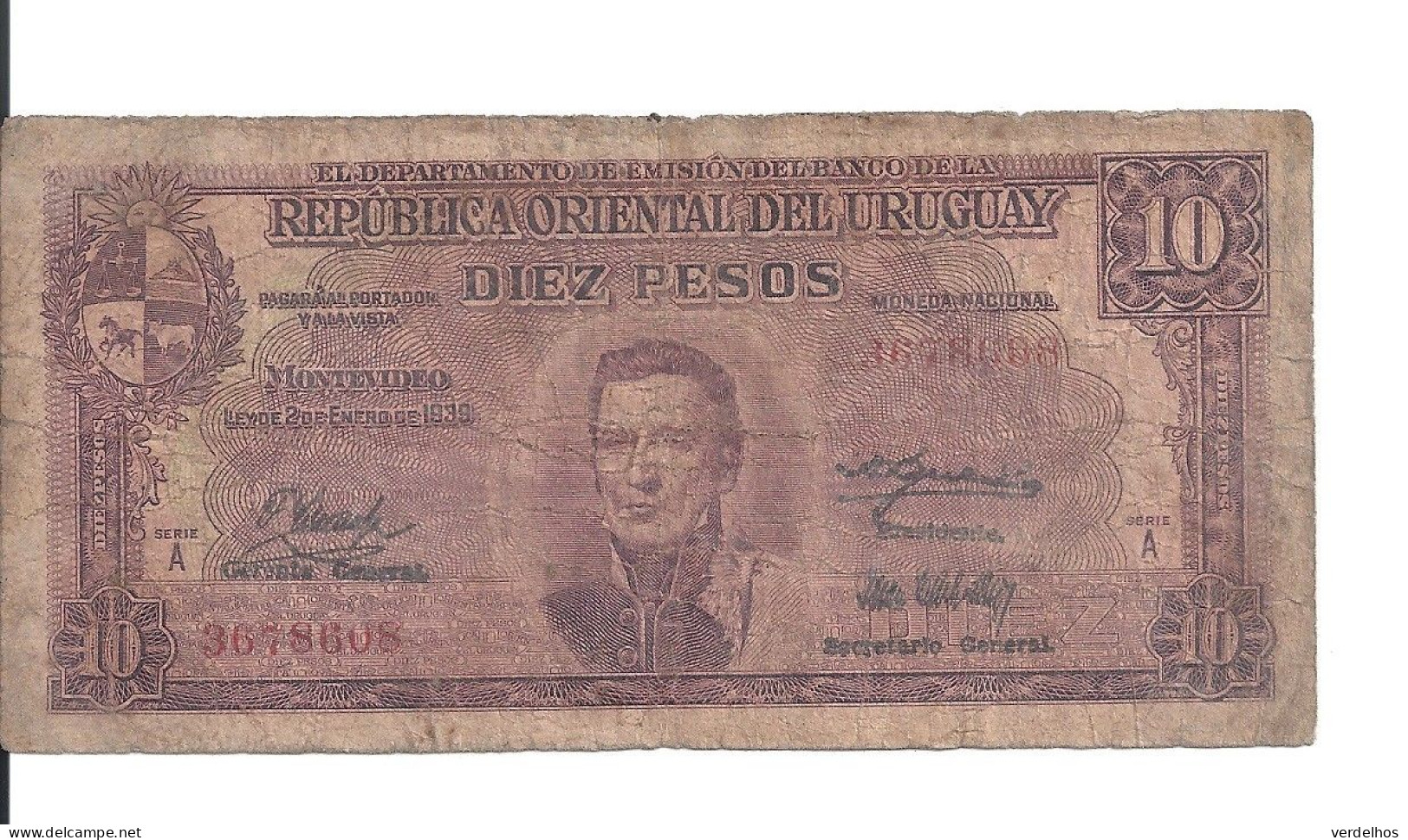 URUGUAY 10 PESOS 1939 VG+ P 37 A - Uruguay