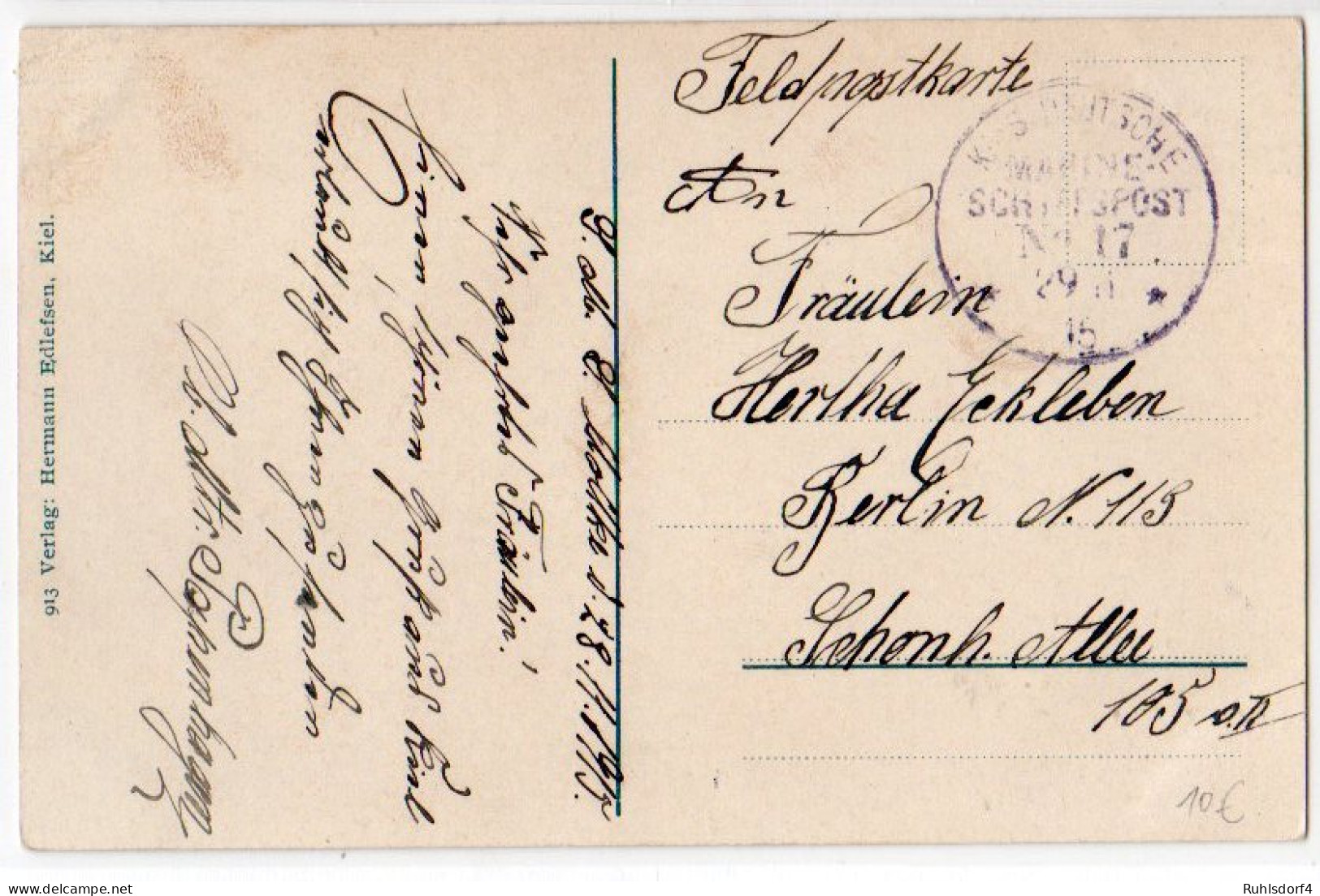 Marine-Schiffspost Nr. 17 Feldpostkarte 29.11.1915 - Other & Unclassified