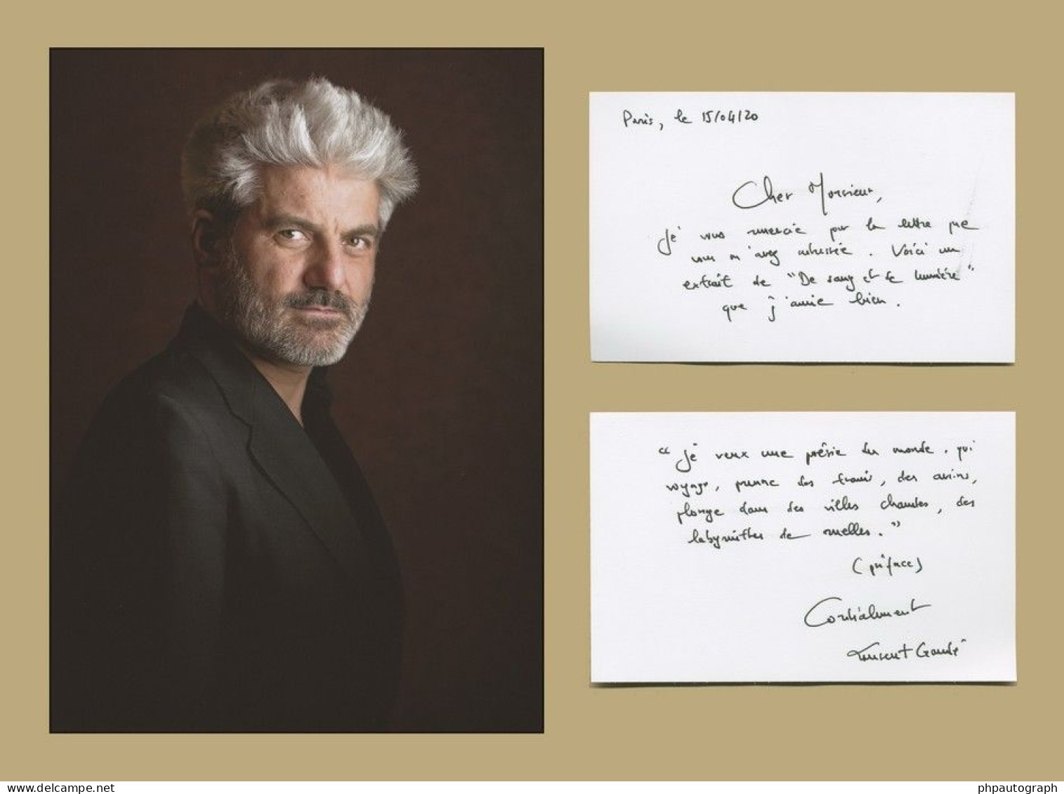 Laurent Gaudé - Écrivain Français - Extrait Manuscrit Signé & Carte Autographe + Photo - Escritores