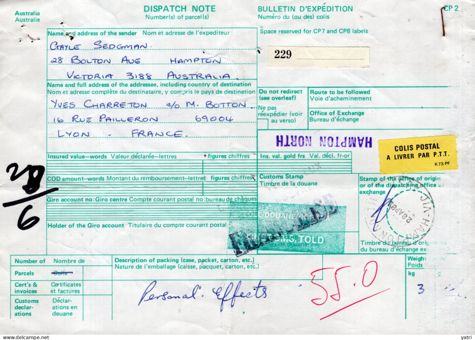 Australia (1989) - Bollettino Pacchi Per La Francia - Lettres & Documents