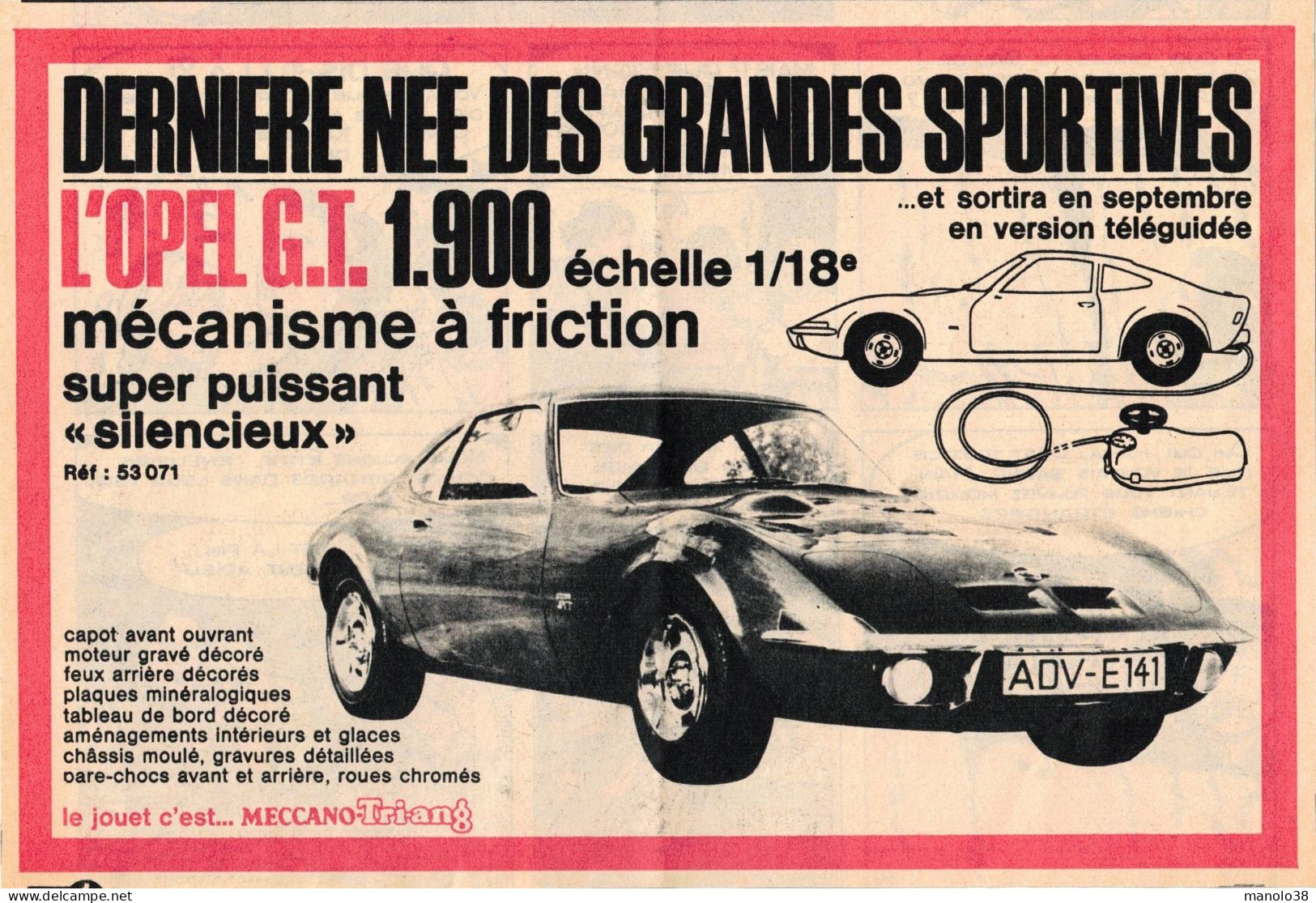 Opel GT 1900, Mécanisme à Friction. Meccano. Voiture Miniature. Jouet 1969. - Pubblicitari