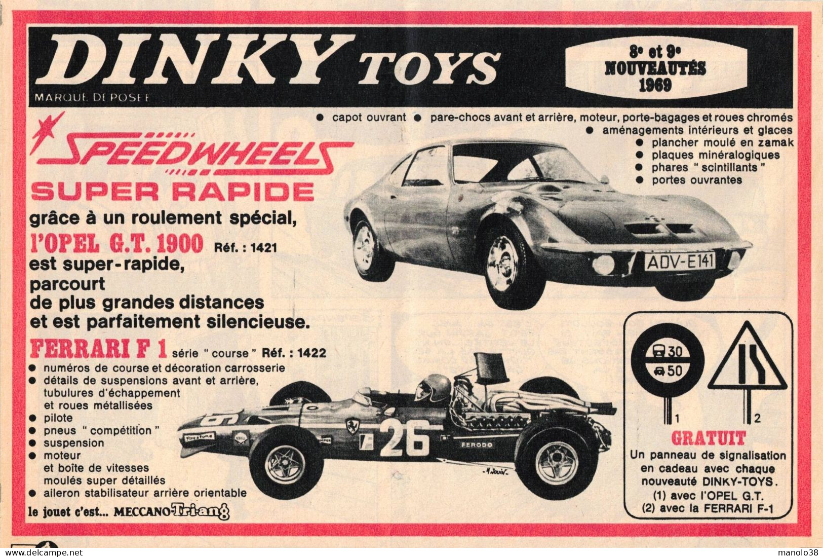 Ferrari F1 & Opel GT 1900. Speedwheels. Dinky Toys. Meccano. Voiture Miniature De Collection. Jouet 1969. - Pubblicitari