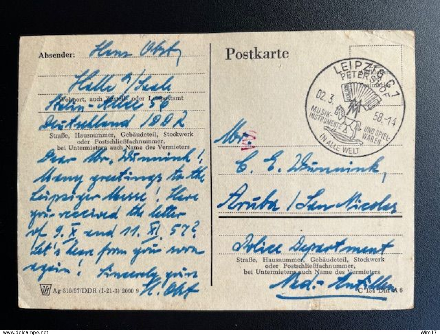 EAST GERMANY DDR 1958 POSTCARD LEIPZIG TO ST. NICOLAAS ARUBA 02-03-1958 OOST DUITSLAND DEUTSCHLAND LEIPZIGER MESSE - Postcards - Used