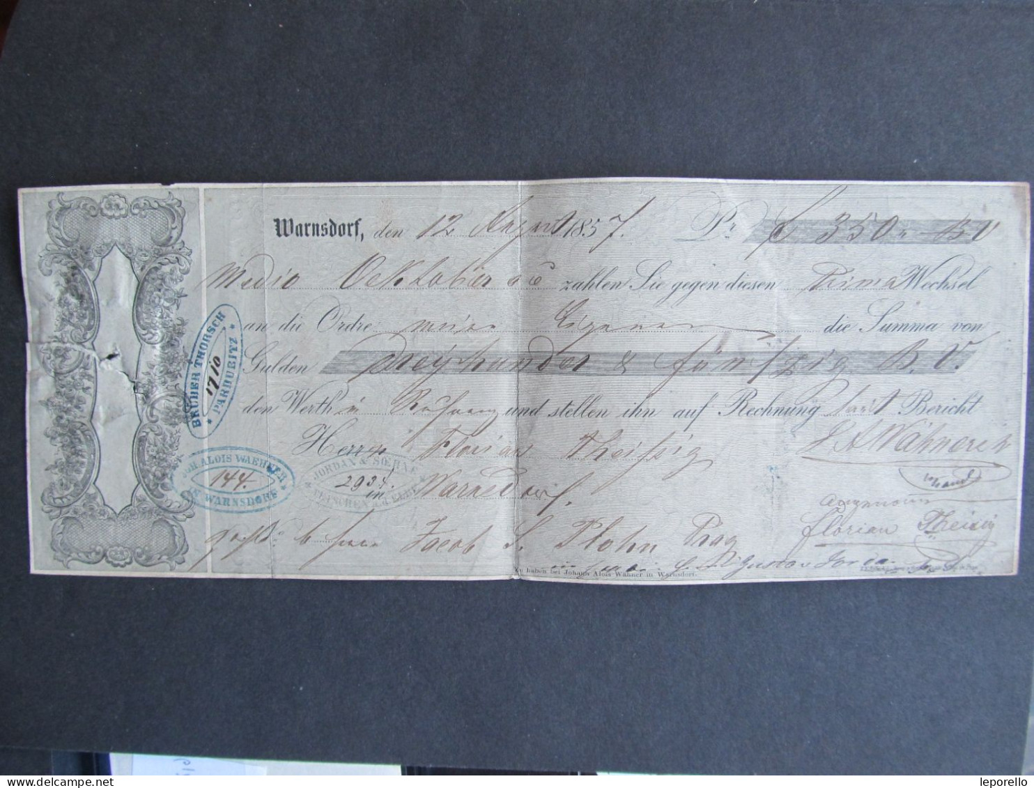 Scheck ? Warnsdorf Varnsdorf 1857 Děčín Pardubice Czech / P3505 - Cheques & Traveler's Cheques