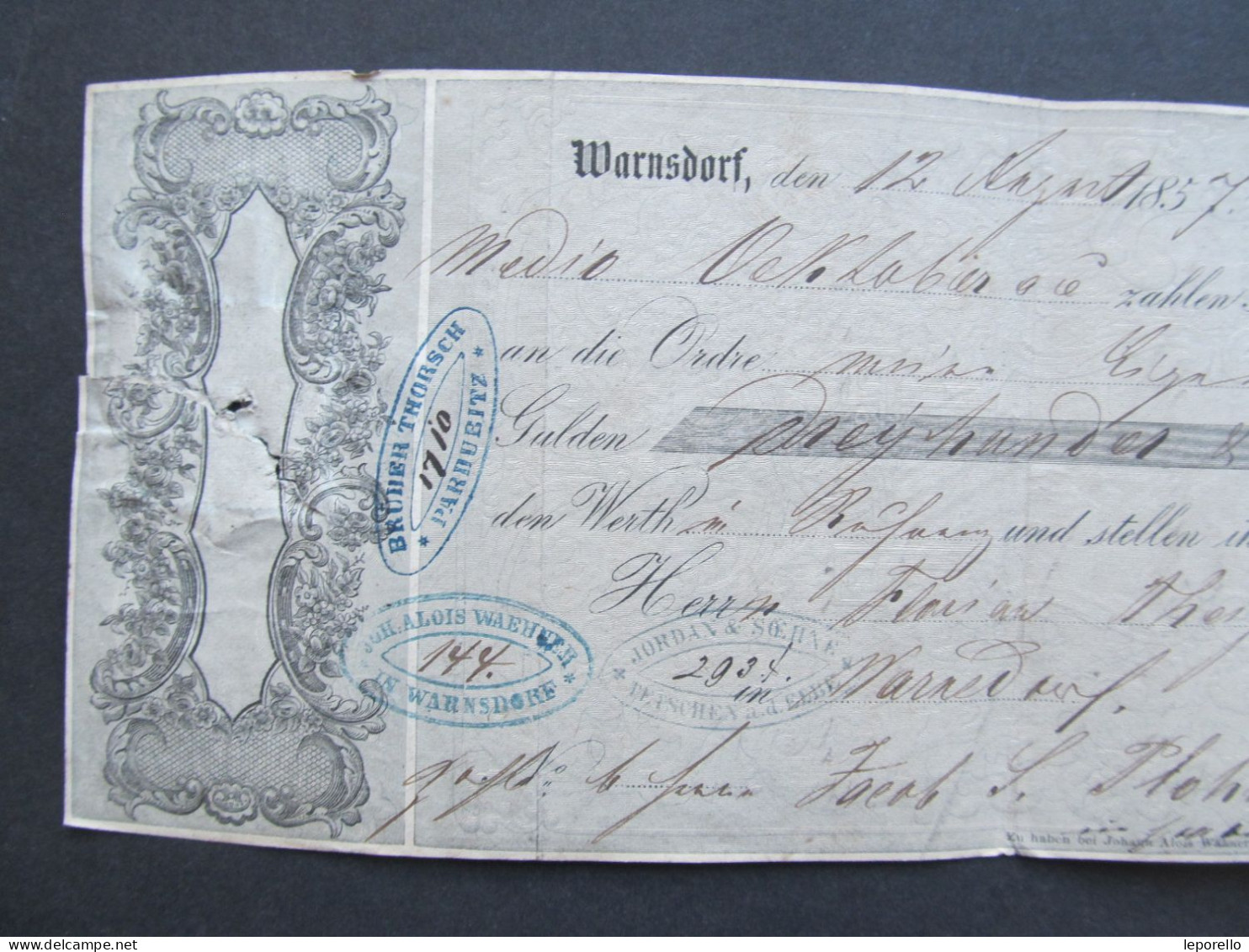 Scheck ? Warnsdorf Varnsdorf 1857 Děčín Pardubice Czech / P3505 - Cheques & Traveler's Cheques