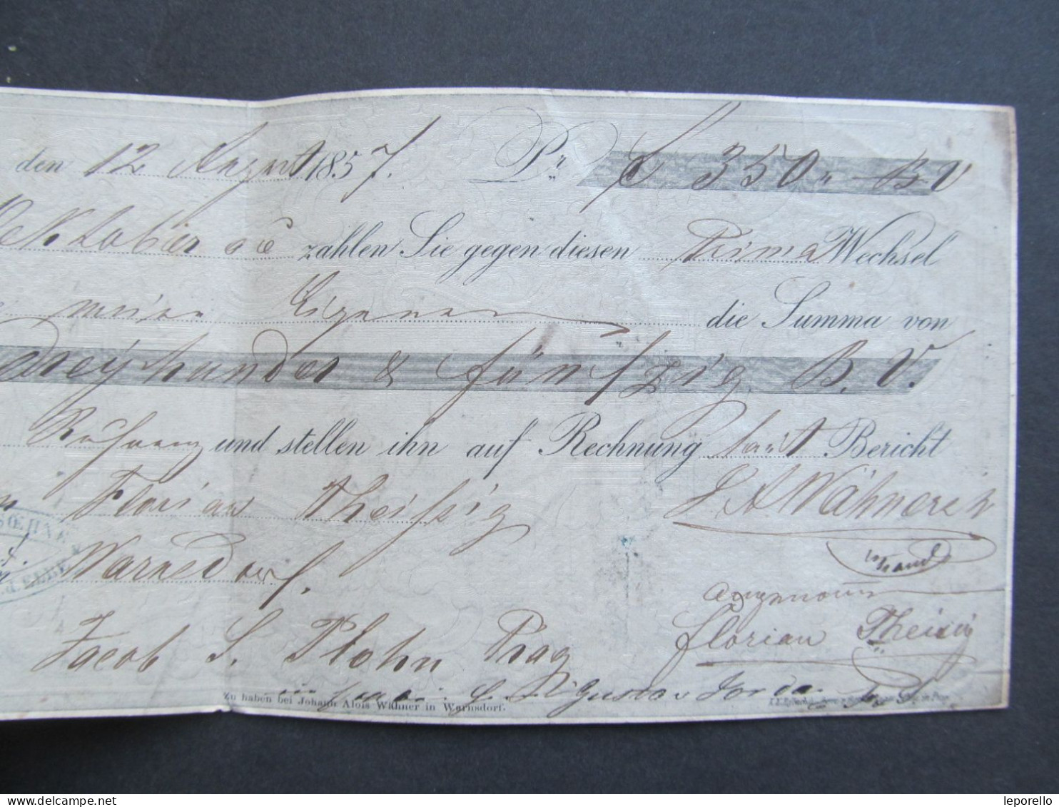 Scheck ? Warnsdorf Varnsdorf 1857 Děčín Pardubice Czech / P3505 - Cheques & Traveler's Cheques