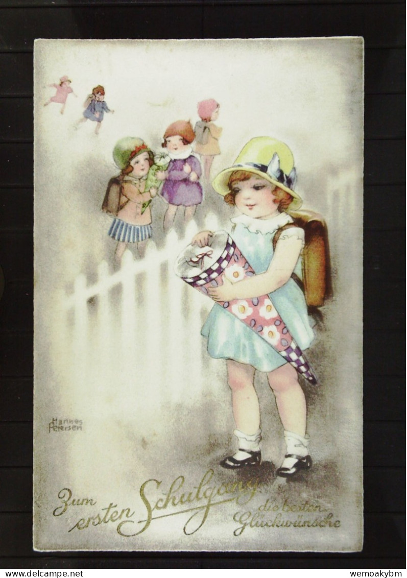 Grußkarte- Zeichnung: "Einschulung" Mädchen Mit Zuckertüte Und Schulkinder Um 1930 - Beschrieben Ohne BM - Children's School Start