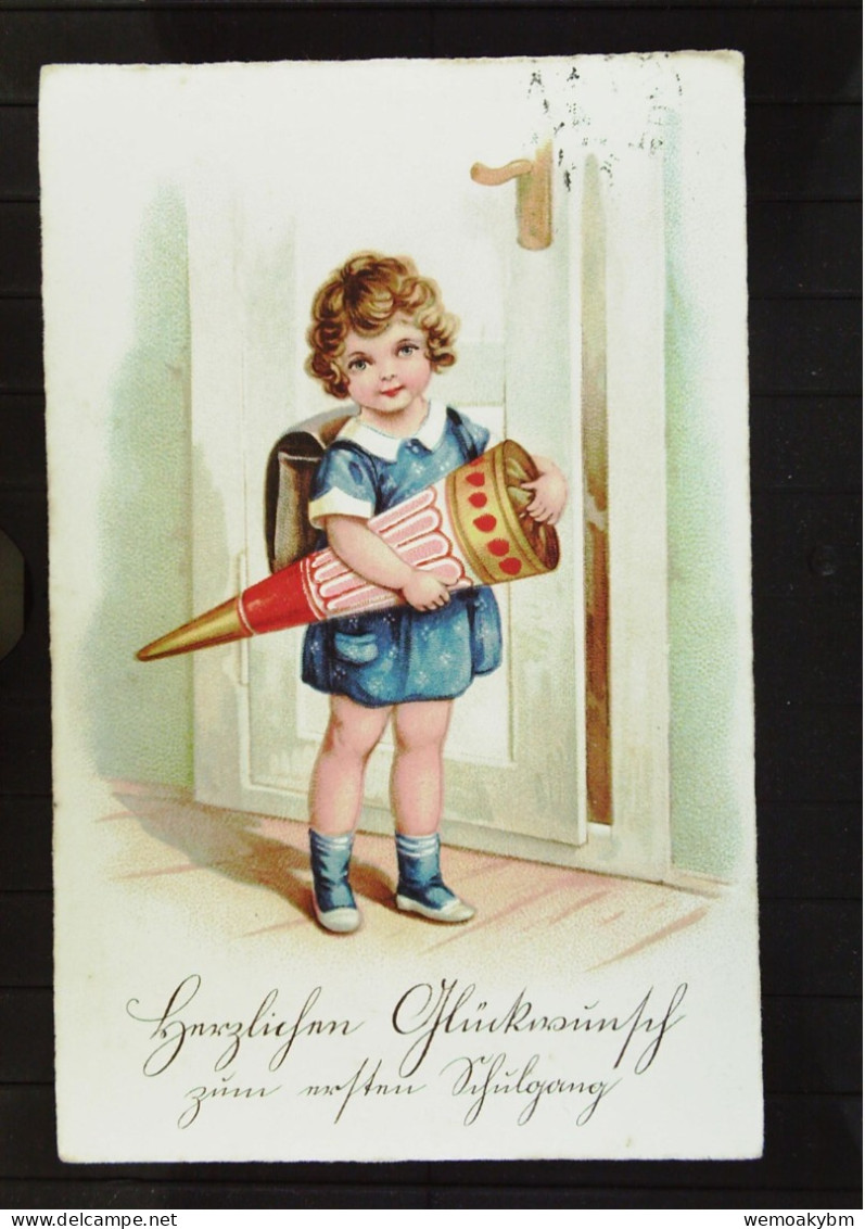 Grußkarte- Zeichnung: "Einschulung" Mädchen Mit Zuckertüte Um 1930 -  BM Abgelöst - Premier Jour D'école