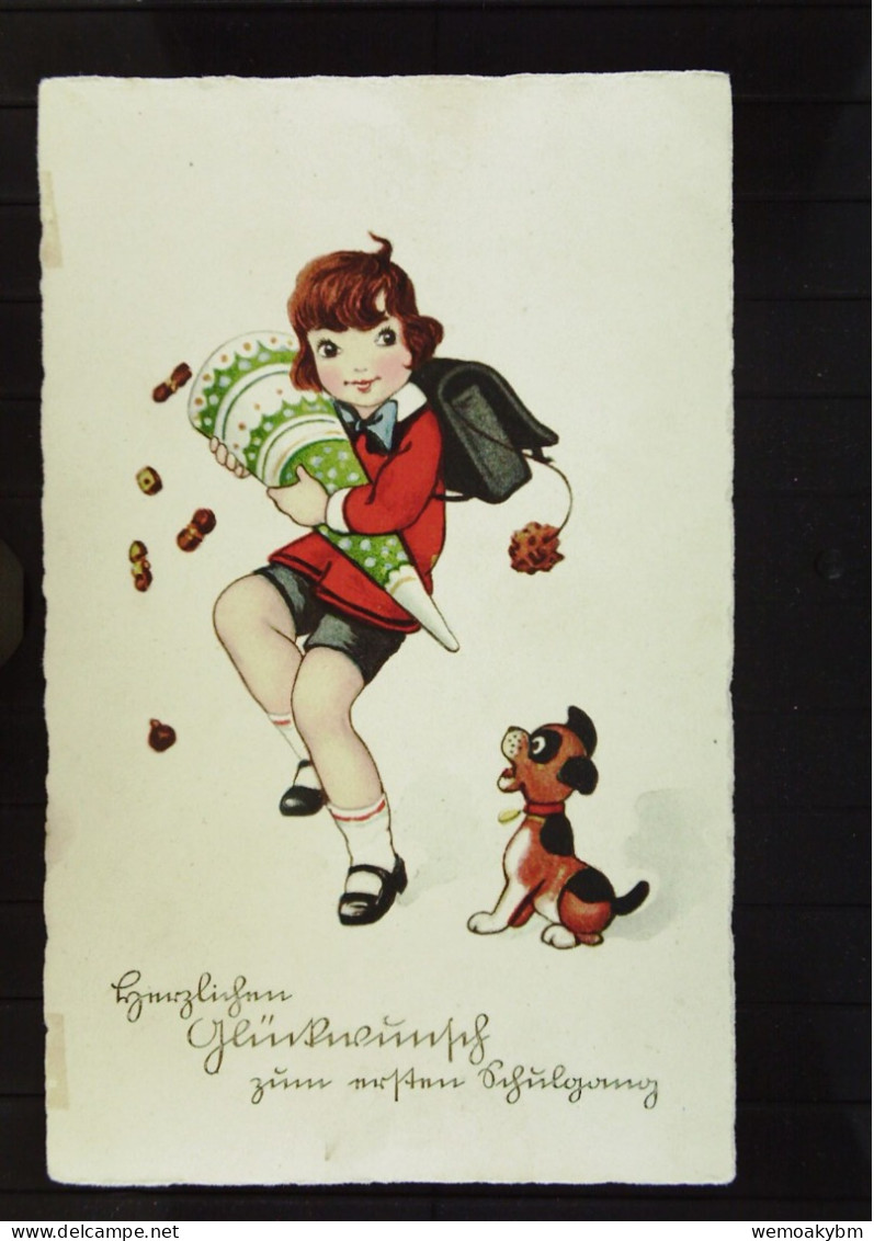 Grußkarte- Zeichnung: "Einschulung" Mädchen Mit Zuckertüte Und Hund Um 1930 - Beschrieben Ohne BM - Eerste Schooldag