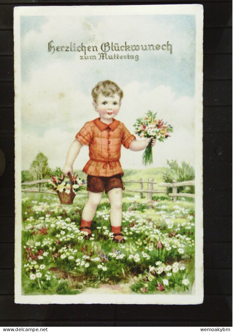 Grußkarte- Zeichnung: "Zum Muttertag" Junge Mit Blumen Vom 18.5.1940 Mit 8 Pf Hindenburg - Fête Des Mères