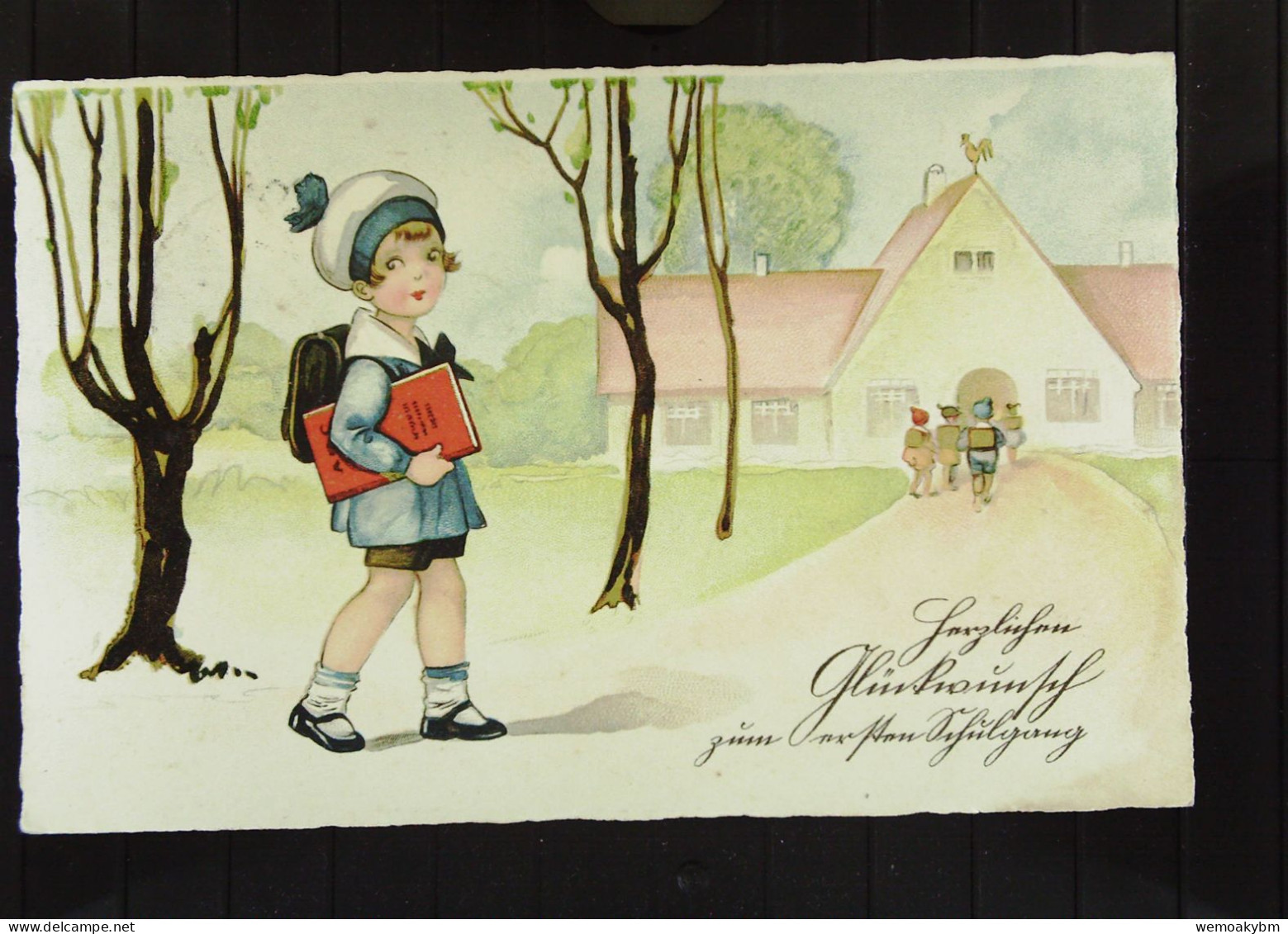 Grußkarte- Zeichnung: "Einschulung" Mädchen Und Kinder Auf Gang Zur Schule Vom 11.4.1939 Mit 8 Pf Hindenburg - Einschulung