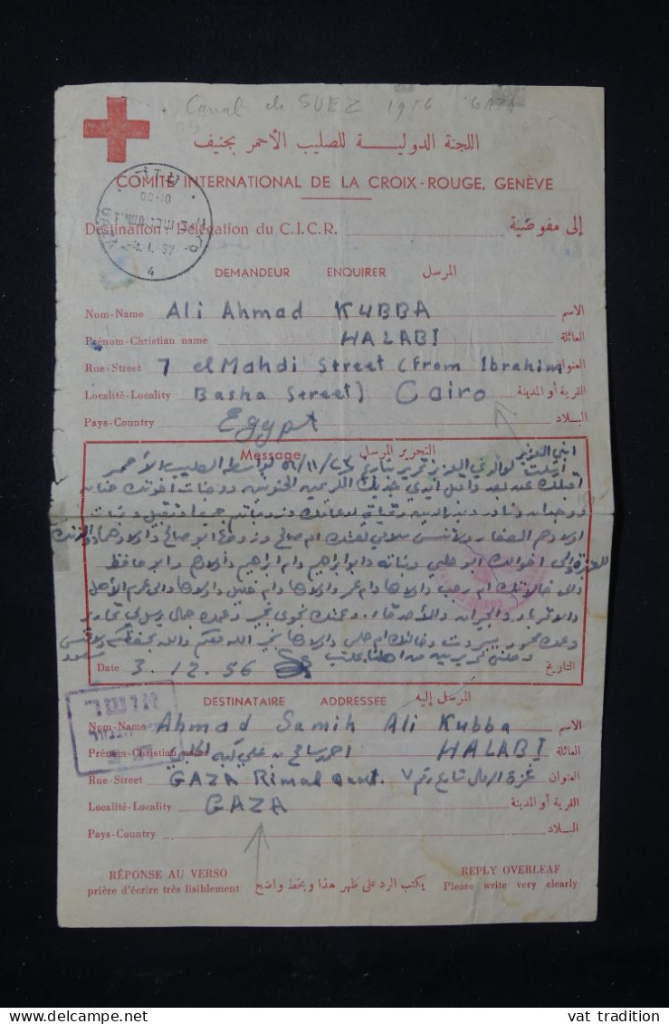 EGYPTE - Formulaire Croix Rouge D'un Prisonnier à Gaza Pour L'Egypte En 1956 - L 150180 - Cartas & Documentos