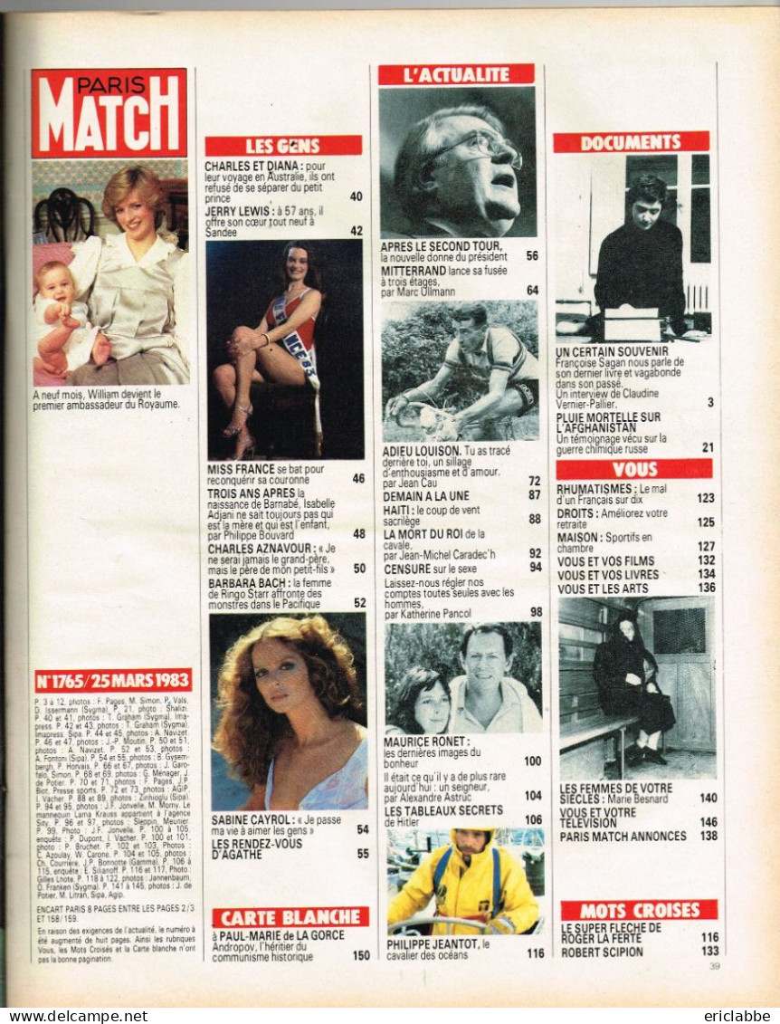 PARIS MATCH N°1765 Du 25 Mars 1983 Diana Et William - Mitterrand - Bobet - Sexe - Ronet - Allgemeine Literatur