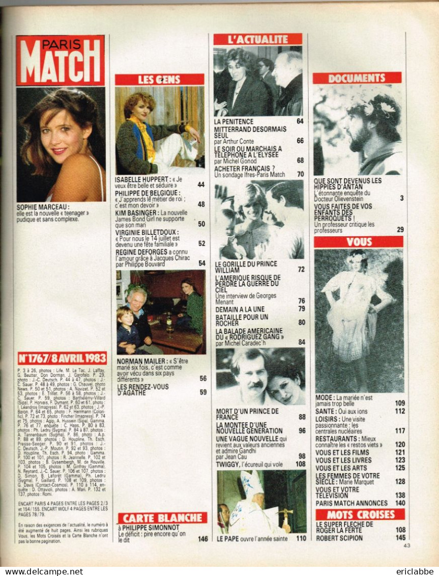 PARIS MATCH N°1767 Du 8 Avril 1983 Sophie Marceau - Vacances - Pape - Thibaut - Reagan - Informaciones Generales