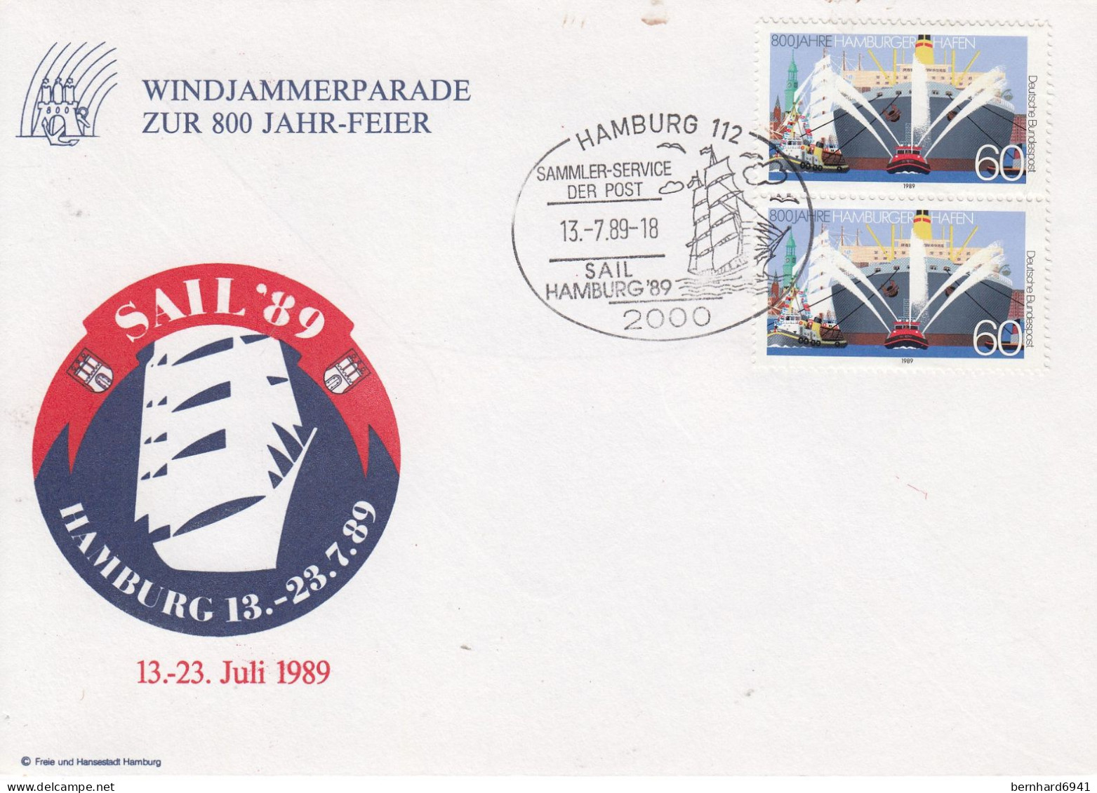 Mi.Nr. 1419 Umschlag - Windjammwerparade Zur 800 Jahr-Feier 12-23.Juli 1989 -  Sail`89., Hamburg 112 - Covers - Used