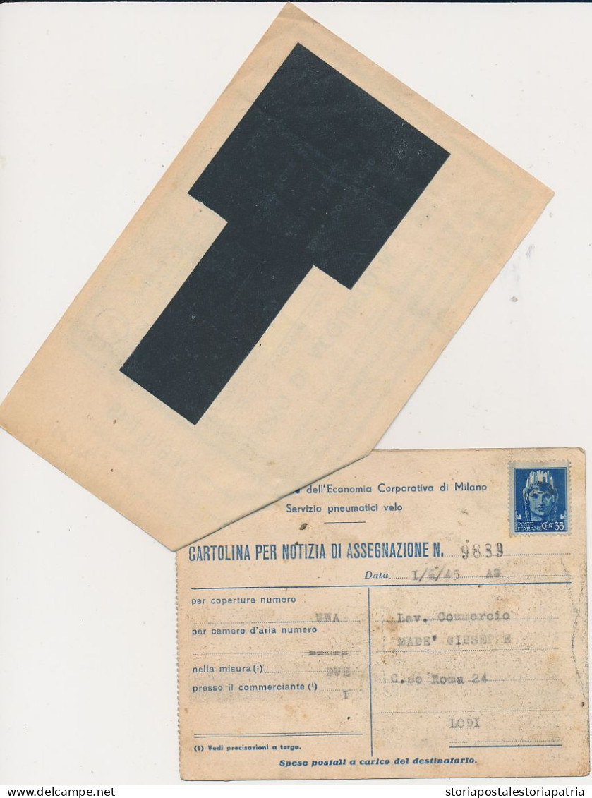 1945 LUOGOTENENZA MILANO CARTOLINA 0,35 IMPERIALE ISOLATO ASSEGNAZIONE PNEUMATICI CON RICEVUTA - Marcophilie