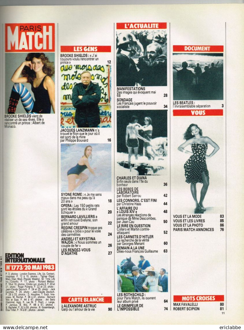 PARIS MATCH N°1773 Du 20 Mai 1983 Brooke Shields - Album Des Rotschild - Mitterrand - Charles Et Diana - Informations Générales