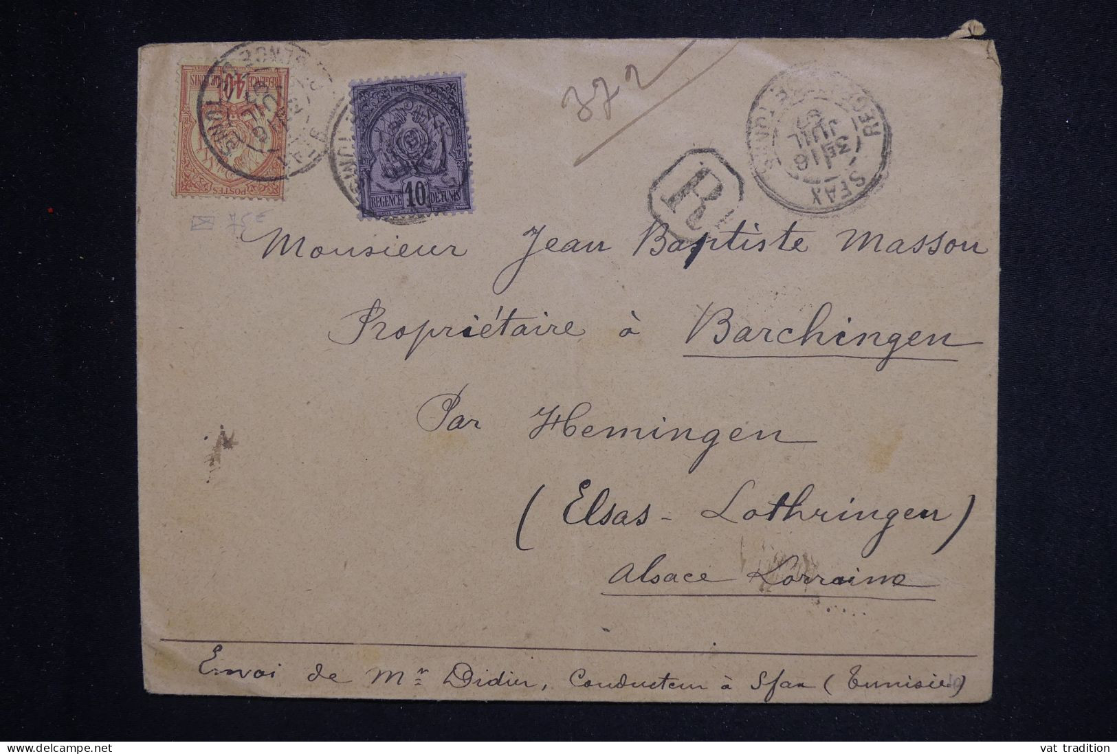 TUNISIE - Enveloppe En Recommandé De Sfax Pour Barchingen  ( Alsace Lorraine ) En 1897 - L 150190 - Covers & Documents