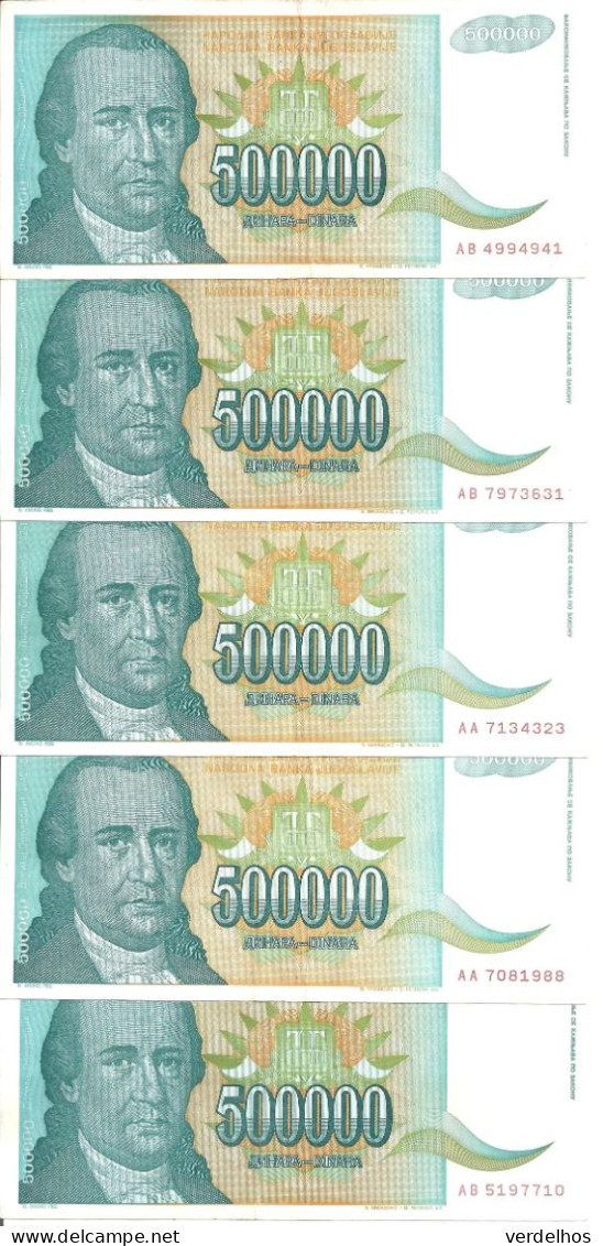 YOUGOSLAVIE 500000 DINARA 1993 XF P 131 ( 5 Billets ) - Yugoslavia