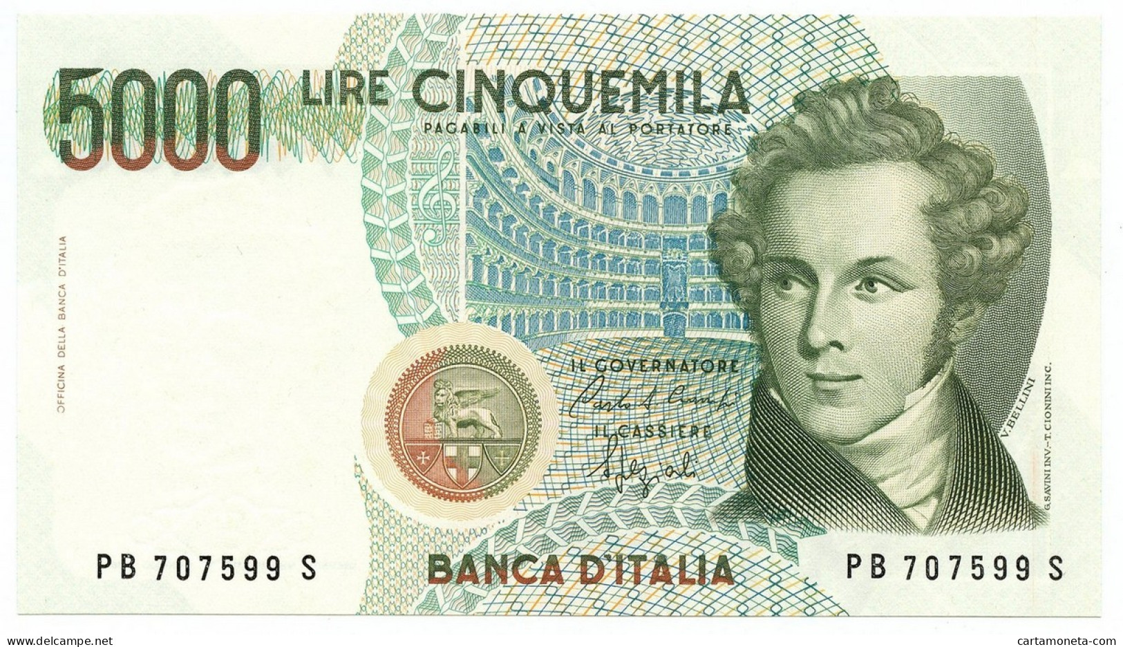 5000 LIRE BANCA D'ITALIA VINCENZO BELLINI LETTERA B 12/01/1988 QFDS - Altri & Non Classificati