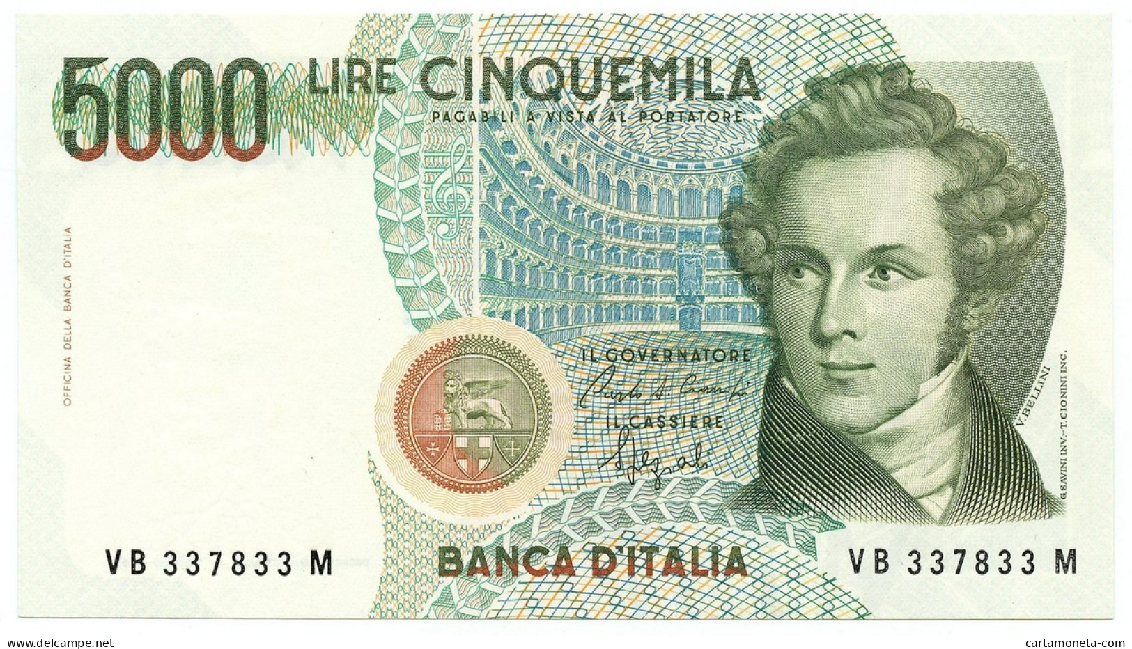 5000 LIRE BANCA D'ITALIA VINCENZO BELLINI LETTERA B 12/01/1988 QFDS - Autres & Non Classés